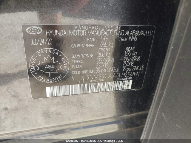 12708307 :رقم المزاد ، 5NMS3CAA5LH256891 vin ، 2020 Hyundai Santa Fe Luxury Turbo Awd مزاد بيع
