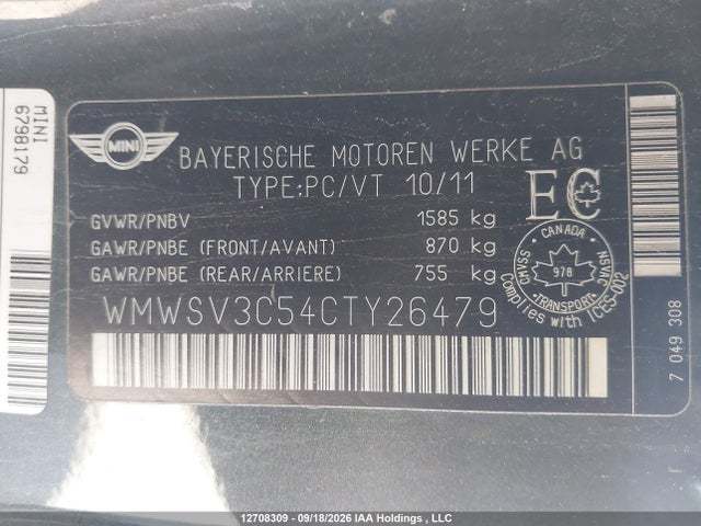 Продаж на аукціоні авто 2012 Mini Cooper S, vin: WMWSV3C54CTY26479, номер лоту: 12708309