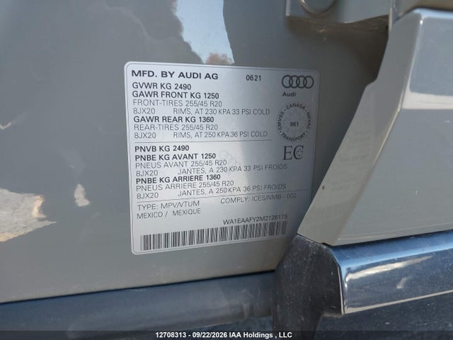 Продаж на аукціоні авто 2021 Audi Q5 45 Progressiv, vin: WA1EAAFY2M2126175, номер лоту: 12708313