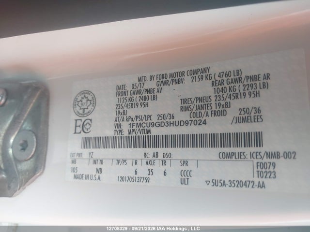 Ford ESCAPE SE 2017 1FMCU9GD3HUD97024 Image 9