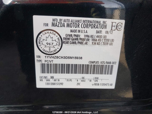 2013 Mazda 6 Grand Touring მანქანა იყიდება აუქციონზე, vin: 1YVHZ8CH3D5M15938, აუქციონის ნომერი: 12708350