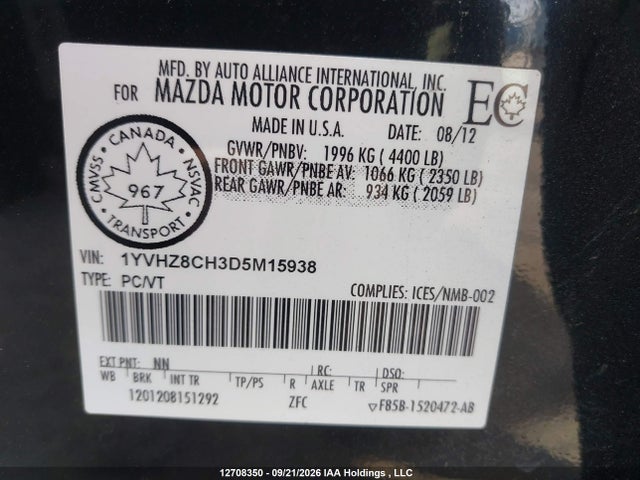 2013 Mazda 6 Grand Touring მანქანა იყიდება აუქციონზე, vin: 1YVHZ8CH3D5M15938, აუქციონის ნომერი: 12708350