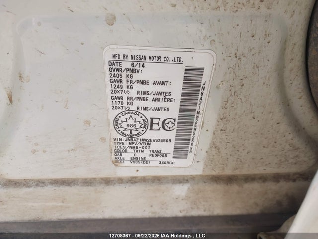 Продаж на аукціоні авто 2014 Nissan Murano S/sl/sv/le, vin: JN8AZ1MW2EW525598, номер лоту: 12708367