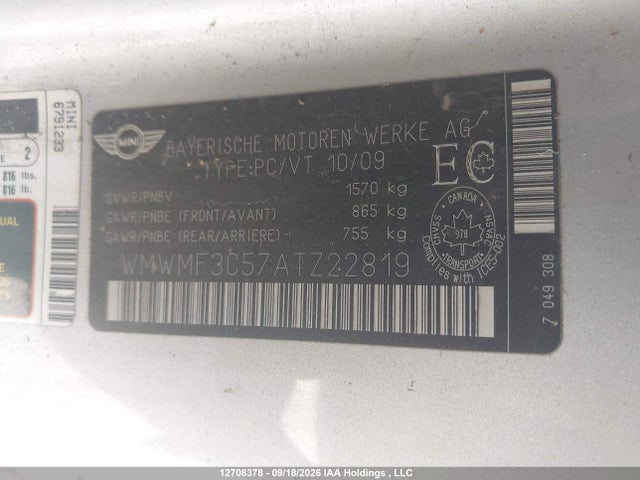 12708378 :رقم المزاد ، WMWMF3C57ATZ22819 vin ، 2010 Mini Cooper مزاد بيع