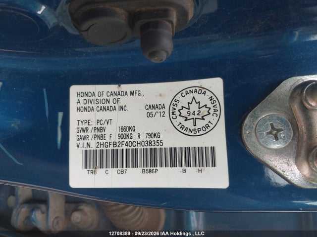 2012 Honda Civic Lx მანქანა იყიდება აუქციონზე, vin: 2HGFB2F40CH038355, აუქციონის ნომერი: 12708389