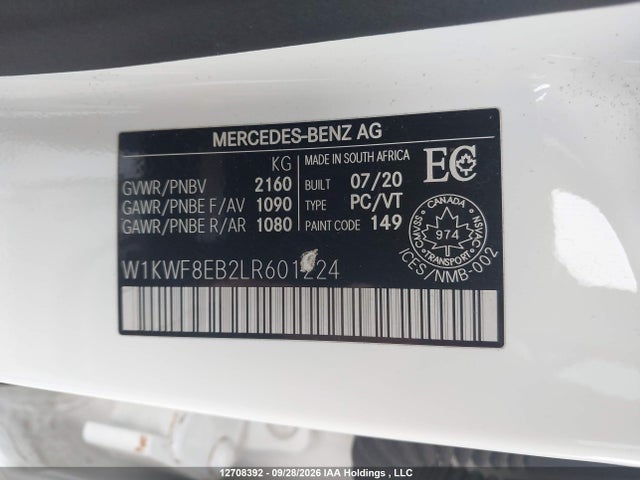 Aukcja sprzedaży 2020 Mercedes-benz C 300 4matic, vin: W1KWF8EB2LR601224, numer aukcji: 12708392