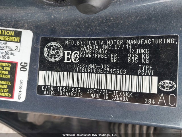 2014 Toyota Corolla Le მანქანა იყიდება აუქციონზე, vin: 2T1BURHE9EC215603, აუქციონის ნომერი: 12708398