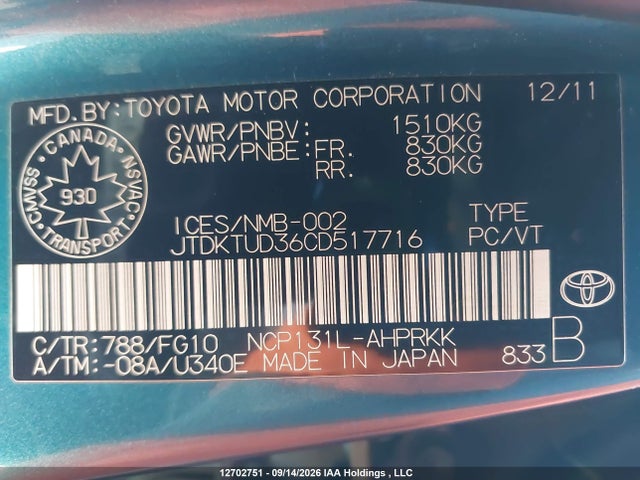 12702751 :رقم المزاد ، JTDKTUD36CD517716 vin ، 2012 Toyota Yaris Le مزاد بيع