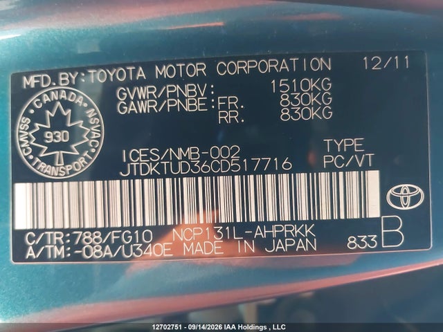 12702751 :رقم المزاد ، JTDKTUD36CD517716 vin ، 2012 Toyota Yaris Le مزاد بيع