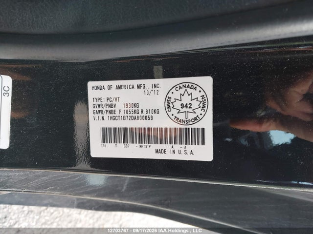 Aukcja sprzedaży 2013 Honda Accord Ex, vin: 1HGCT1B72DA800059, numer aukcji: 12703767