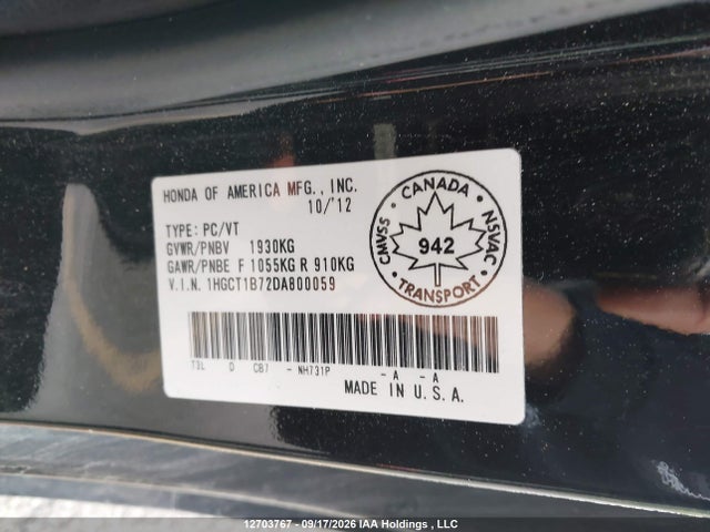 Aukcja sprzedaży 2013 Honda Accord Ex, vin: 1HGCT1B72DA800059, numer aukcji: 12703767