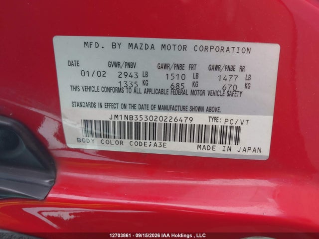 12703861 :رقم المزاد ، JM1NB353020226479 vin ، 2002 Mazda Mx-5 Miata 1.8/special Edition مزاد بيع