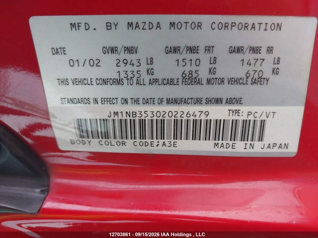 12703861 :رقم المزاد ، JM1NB353020226479 vin ، 2002 Mazda Mx-5 Miata 1.8/special Edition مزاد بيع
