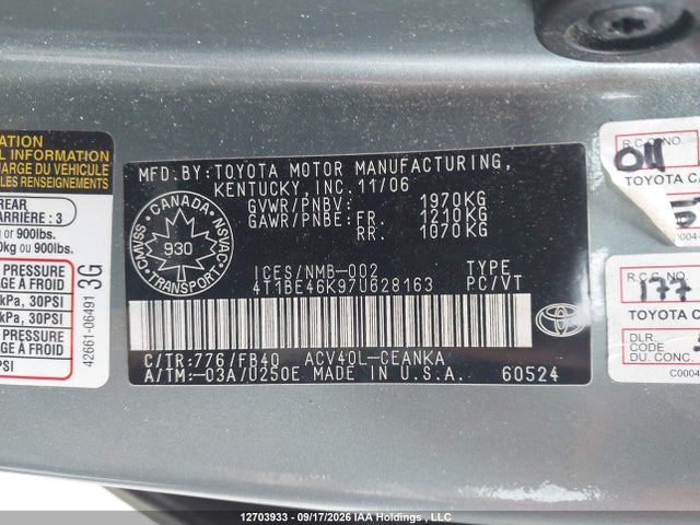 12703933 :رقم المزاد ، 4T1BE46K97U628163 vin ، 2007 Toyota Camry Le/se مزاد بيع