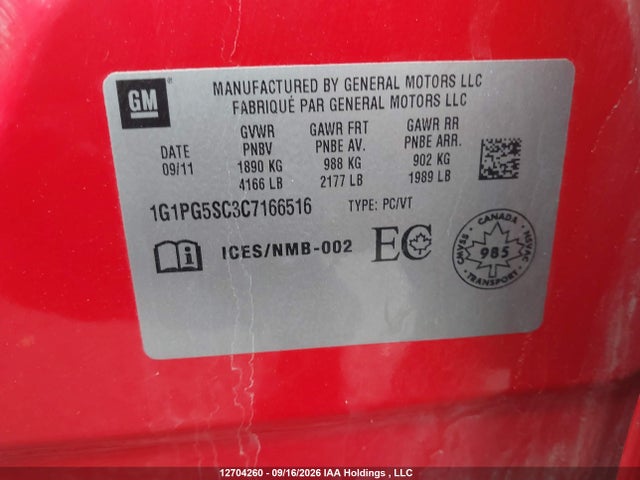 Aukcja sprzedaży 2012 Chevrolet Cruze Lt Turbo, vin: 1G1PG5SC3C7166516, numer aukcji: 12704260
