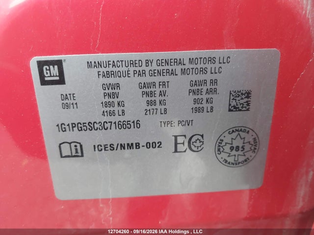 Aukcja sprzedaży 2012 Chevrolet Cruze Lt Turbo, vin: 1G1PG5SC3C7166516, numer aukcji: 12704260