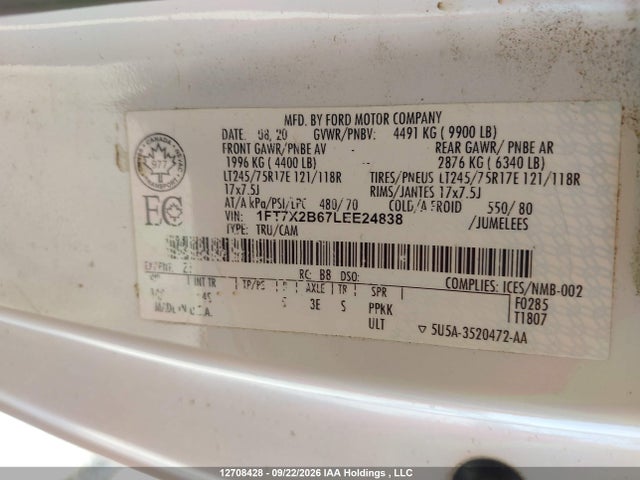 2020 Ford F250 Super Duty მანქანა იყიდება აუქციონზე, vin: 1FT7X2B67LEE24838, აუქციონის ნომერი: 12708428