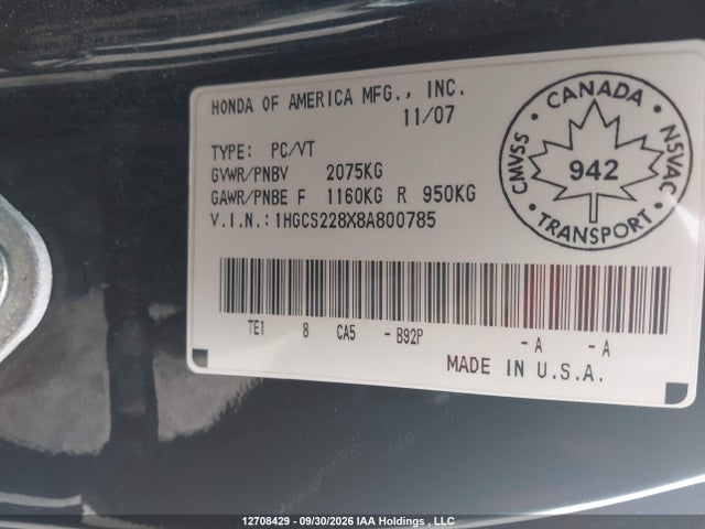 12708429 :رقم المزاد ، 1HGCS228X8A800785 vin ، 2008 Honda Accord Ex-l V6 مزاد بيع