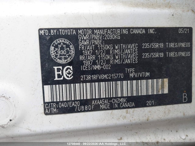 Продажа на аукционе авто 2021 Toyota Rav4 Xle/xle Premium, vin: 2T3R1RFV6MC215770, номер лота: 12708440