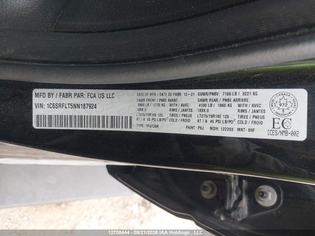 12708444 :رقم المزاد ، 1C6SRFLT5NN187924 vin ، 2022 Ram 1500 Rebel مزاد بيع