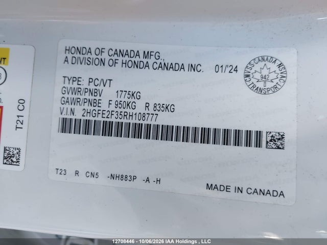 12708446 :رقم المزاد ، 2HGFE2F35RH108777 vin ، 2024 Honda Civic Ex 4dr مزاد بيع
