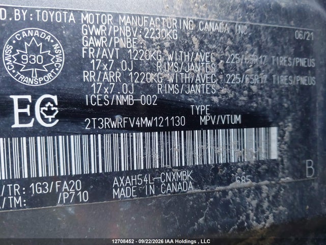 2021 Toyota Rav4 Xle მანქანა იყიდება აუქციონზე, vin: 2T3RWRFV4MW121130, აუქციონის ნომერი: 12708452