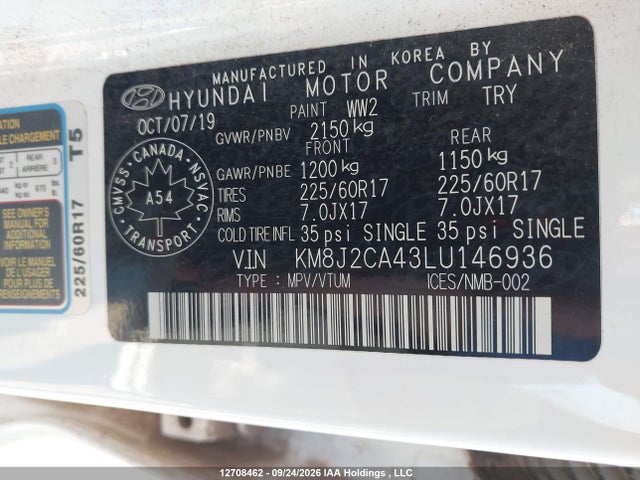 12708462 :رقم المزاد ، KM8J2CA43LU146936 vin ، 2020 Hyundai Tucson Essential Awd مزاد بيع