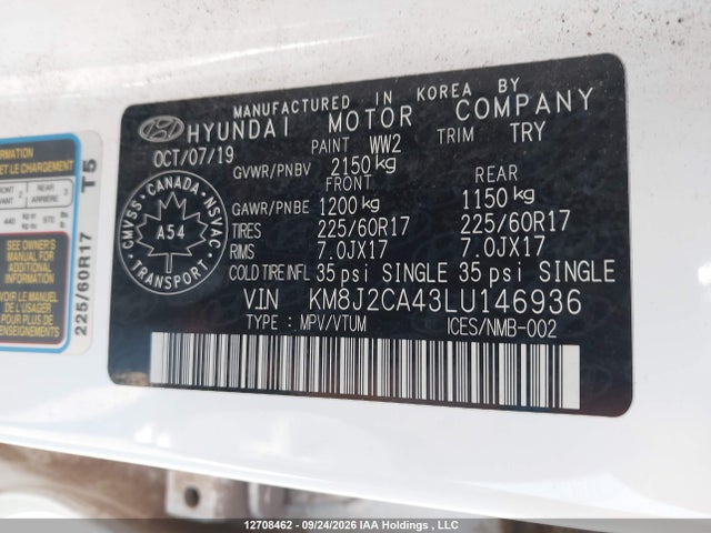 12708462 :رقم المزاد ، KM8J2CA43LU146936 vin ، 2020 Hyundai Tucson Essential Awd مزاد بيع