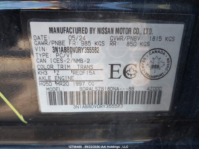 2024 Nissan Sentra Sr მანქანა იყიდება აუქციონზე, vin: 3N1AB8DV0RY355582, აუქციონის ნომერი: 12708468