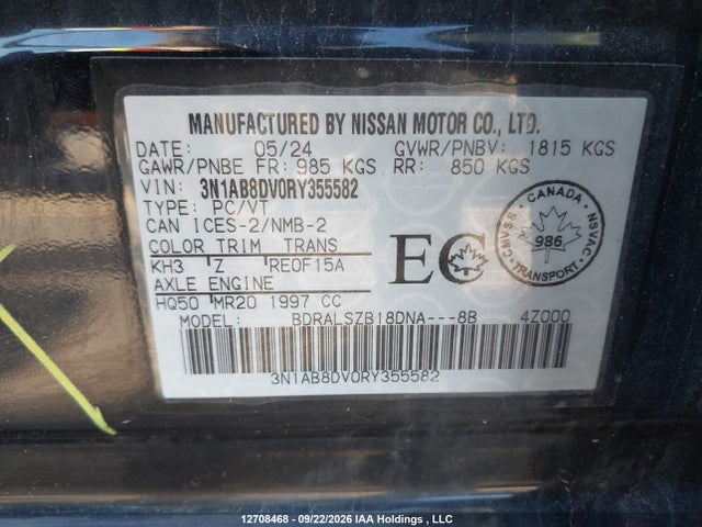 2024 Nissan Sentra Sr მანქანა იყიდება აუქციონზე, vin: 3N1AB8DV0RY355582, აუქციონის ნომერი: 12708468