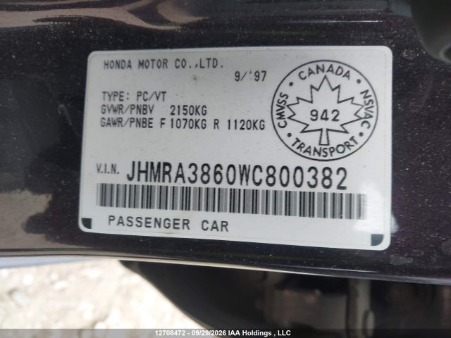 1998 Honda Odyssey მანქანა იყიდება აუქციონზე, vin: JHMRA3860WC800382, აუქციონის ნომერი: 12708472