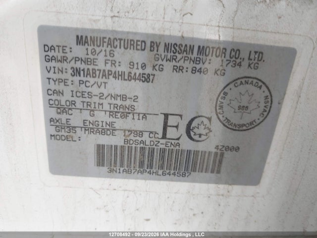 Продажа на аукционе авто 2017 Nissan Sentra S/sv/sr/sl, vin: 3N1AB7AP4HL644587, номер лота: 12708492