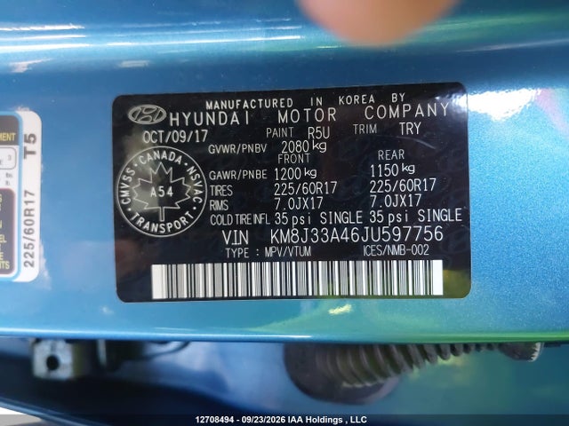 12708494 :رقم المزاد ، KM8J33A46JU597756 vin ، 2018 Hyundai Tucson Limited/sport And Eco/se مزاد بيع
