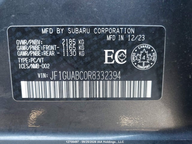 Aukcja sprzedaży 2024 Subaru Impreza Convenience 5-door, vin: JF1GUABC0R8332394, numer aukcji: 12708497