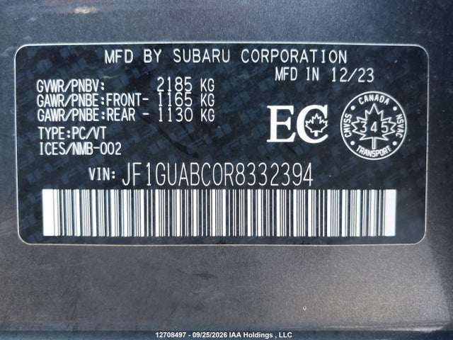 Aukcja sprzedaży 2024 Subaru Impreza Convenience 5-door, vin: JF1GUABC0R8332394, numer aukcji: 12708497
