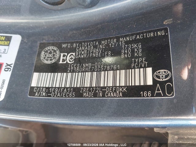 12708509 :رقم المزاد ، 2T1BURHE7GC578761 vin ، 2016 Toyota Corolla Ce مزاد بيع