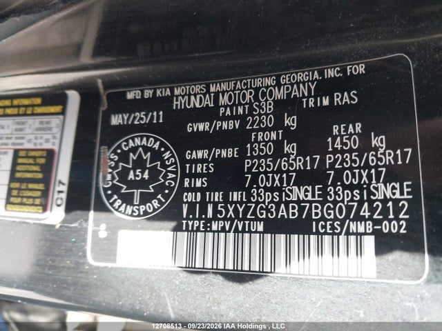12708513 :رقم المزاد ، 5XYZG3AB7BG074212 vin ، 2011 Hyundai Santa Fe Gl 2.4 مزاد بيع