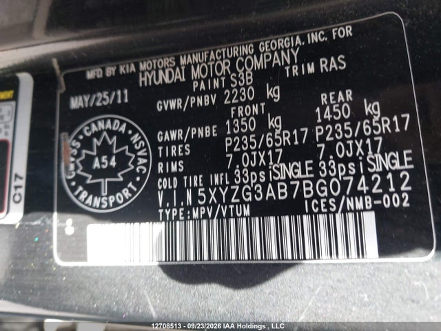 12708513 :رقم المزاد ، 5XYZG3AB7BG074212 vin ، 2011 Hyundai Santa Fe Gl 2.4 مزاد بيع