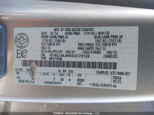 Ford Escape Titanium 2016 1FMCU9J90GUC70122 Image 9