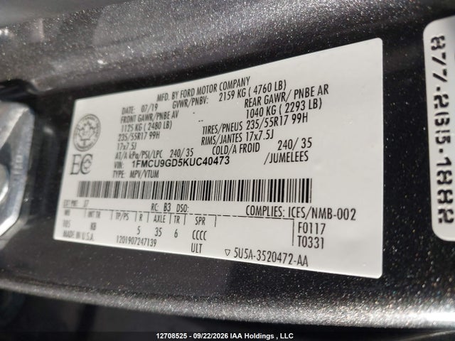Ford ESCAPE SE 2019 1FMCU9GD5KUC40473 Image 9