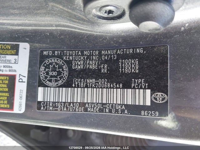Продажа на аукционе авто 2013 Toyota Camry Ce/xle, vin: 4T1BF1FK2DU684548, номер лота: 12708529