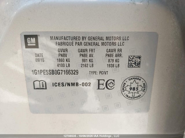 12708535 :رقم المزاد ، 1G1PE5SB0G7166329 vin ، 2016 Chevrolet Cruze Limited مزاد بيع