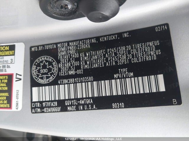 12708541 :رقم المزاد ، 4T3BK3BB1EU103580 vin ، 2014 Toyota Venza مزاد بيع
