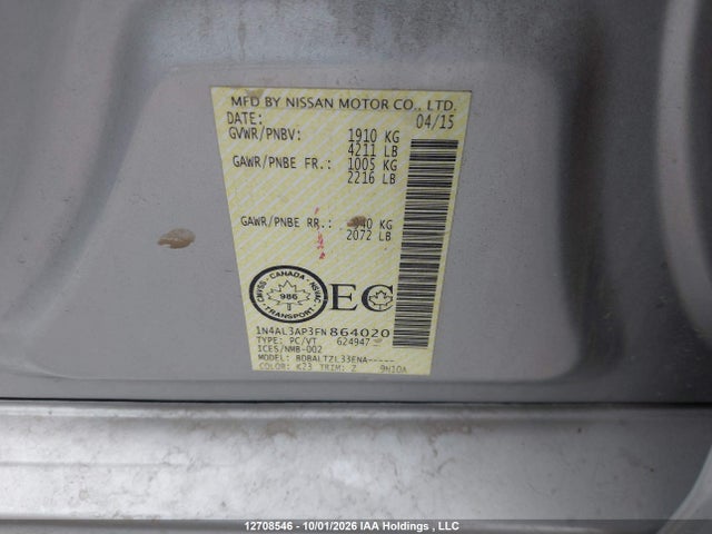 2015 Nissan Altima მანქანა იყიდება აუქციონზე, vin: 1N4AL3AP3FN864020, აუქციონის ნომერი: 12708546