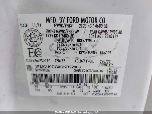 Aukcja sprzedaży 2012 Ford Escape Xlt, vin: 1FMCU9DG0CKB22908, numer aukcji: 12708578