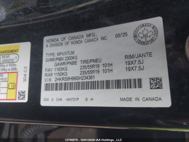 Auction sale of the 2025 Honda Cr-v Sport Touring, vin: 2HKRS6H99SH234361, lot number: 12708579