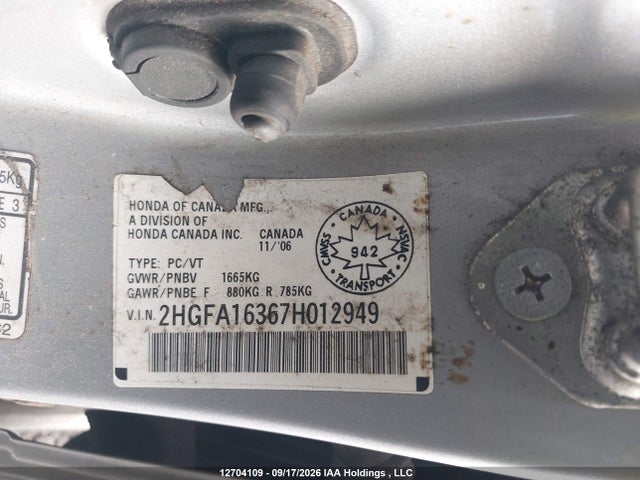 Aukcja sprzedaży 2007 Honda Civic Dx-g, vin: 2HGFA16367H012949, numer aukcji: 12704109