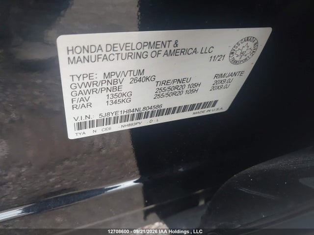 Aukcja sprzedaży 2022 Acura Mdx Advance, vin: 5J8YE1H84NL804586, numer aukcji: 12708600