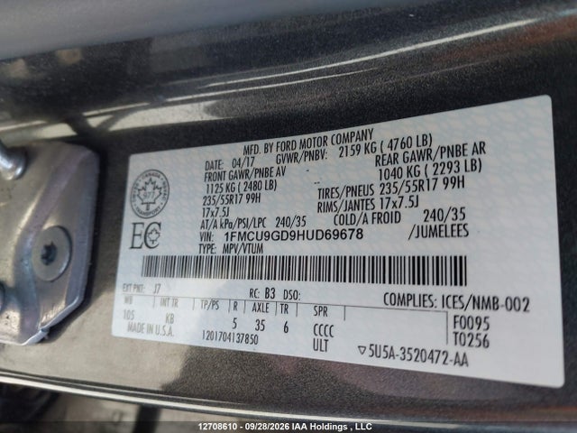 Продажа на аукционе авто 2017 Ford Escape Se, vin: 1FMCU9GD9HUD69678, номер лота: 12708610