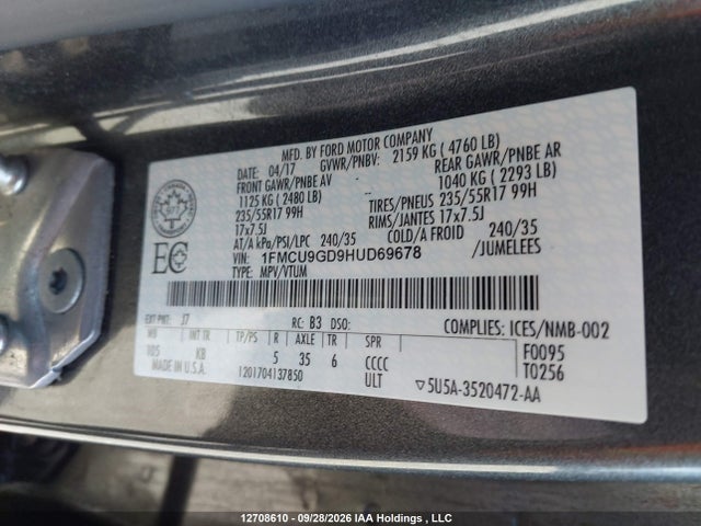 Продажа на аукционе авто 2017 Ford Escape Se, vin: 1FMCU9GD9HUD69678, номер лота: 12708610